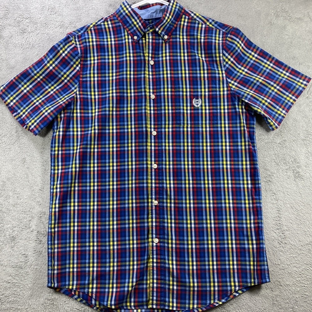 CHAPS Easy Care Shirt Men Medium Plaid Colorful Preppy Button Down Crest Logo SS